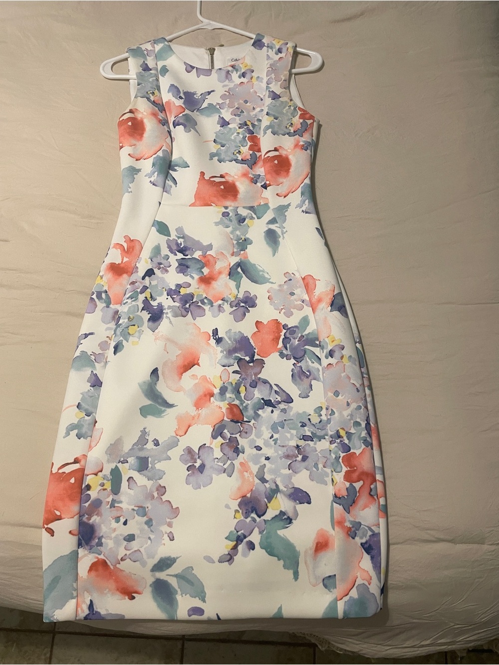 Calvin Klein White Sheath Dress with Coral and Lavender Watercolor Florals